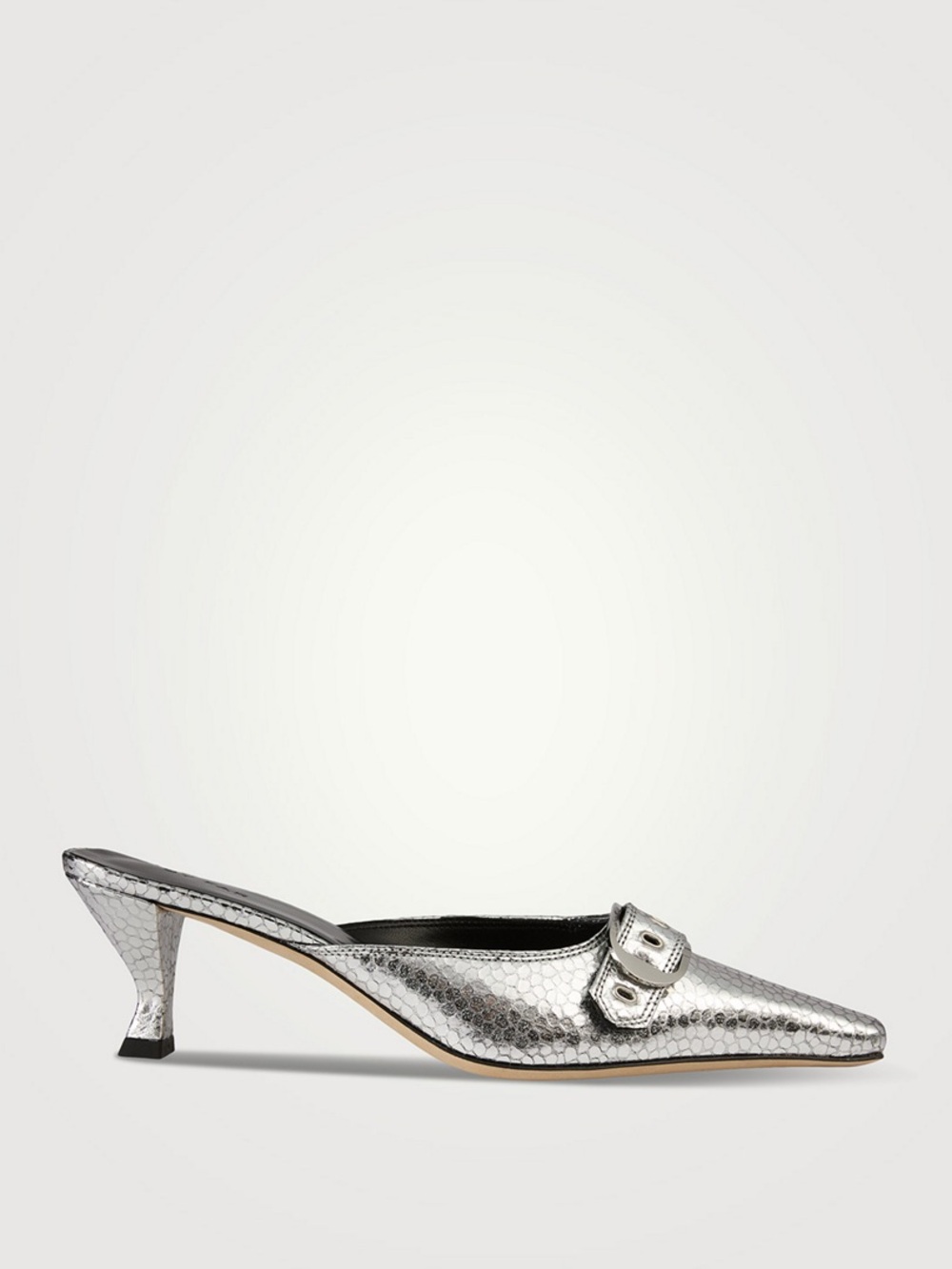 BY FAR 39 Evelyn Metallic Silver Pointed-Toe Mule Heels with Buckle - Picture 3 of 13